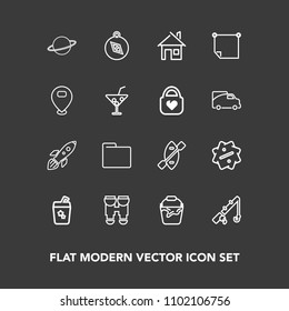 Modern, simple vector icon set on dark background with direction, container, fishing, drink, label, vision, launch, orbit, discount, sale, compass, view, summer, oar, cocktail, clean, south, rod icons