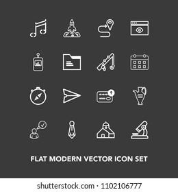 Modern, simple vector icon set on dark background with laboratory, biology, construction, direction, science, rocket, east, cash, internet, note, location, music, vase, compass, finance, map icons