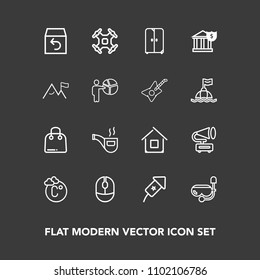 Modern, simple vector icon set on dark background with delivery, box, fahrenheit, building, cabinet, summer, aerial, cupboard, helicopter, house, mask, fashion, classic, architecture, holiday icons