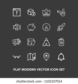 Modern, simple vector icon set on dark background with pipe, royal, page, box, waste, skate, camp, adventure, work, queen, bin, bell, rubbish, map, business, announcement, web, tent, megaphone icons