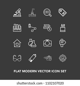 Modern, simple vector icon set on dark background with sale, label, sitting, technology, glasses, find, research, office, late, marketing, medicine, biology, business, home, concept, estate, sun icons