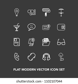 Modern, simple vector icon set on dark background with metal, personal, technology, audio, sea, skate, equipment, home, pin, sound, paper, interior, key, diving, folder, location, headset, glass icons