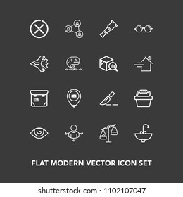 Modern, simple vector icon set on dark background with white, basket, clinic, eye, place, doctor, work, person, store, body, surgery, operation, technology, road, sky, display, bathroom, weight icons