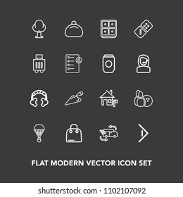 Modern, simple vector icon set on dark background with technology, nature, bowling, right, estate, transportation, property, business, environment, shovel, construction, retail, pin, sound, fast icons