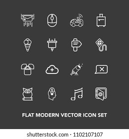 Modern, simple vector icon set on dark background with car, sound, computer, owl, travel, mouse, luggage, astronomy, add, idea, night, bag, tshirt, telescope, banking, concept, animal, satellite icons