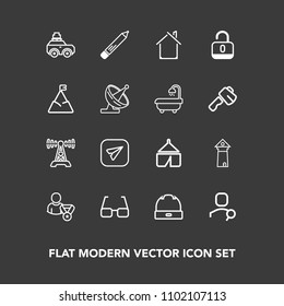 Modern, simple vector icon set on dark background with house, architecture, luggage, europe, stationery, estate, account, technology, radio, pencil, head, station, music, message, building, camp icons