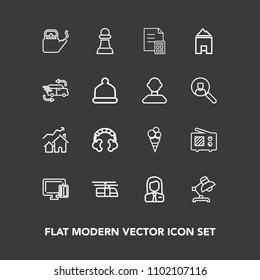 Modern, simple vector icon set on dark background with sound, business, increase, card, audio, credit, home, sweet, horse, dessert, blue, finance, radio, shopping, antenna, payment, strategy icons