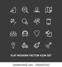 Modern, simple vector icon set on dark background with paintbrush, bodysuit, estate, girl, suitcase, home, down, find, technology, sun, brush, headset, cute, sound, download, bag, sign, morning icons