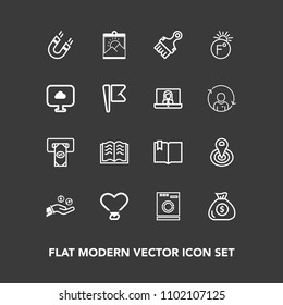 Modern, simple vector icon set on dark background with laundry, national, fahrenheit, blank, pole, flag, coin, cash, cycle, appliance, love, picture, washer, temperature, thermometer, , scale icons