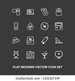 Modern, simple vector icon set on dark background with spaceship, communication, camera, video, glass, armchair, drink, bottle, supermarket, furniture, sos, juice, bill, tripod, person, list icons
