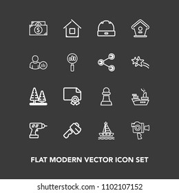 Modern, simple vector icon set on dark background with building, video, finance, landscape, strategy, certificate, ship, yacht, axe, forest, ocean, water, cash, nature, construction, award, war icons
