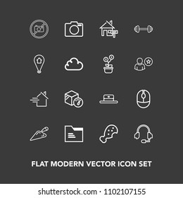 Modern, simple vector icon set on dark background with photo, house, rent, technology, equipment, workout, location, forbidden, meal, package, lens, sport, camera, chicken, mouse, device, gym icons