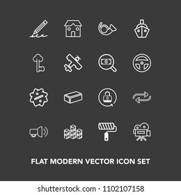Modern, simple vector icon set on dark background with video, tool, substitute, warehouse, roll, bugle, tripod, brush, industrial, jazz, camera, open, sign, building, musical, security, business icons