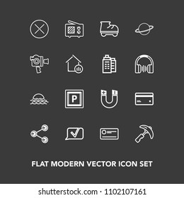 Modern, simple vector icon set on dark background with picking, equipment, beautiful, leisure, card, sign, transport, social, radio, construction, landscape, finance, sun, planet, banking, space icons