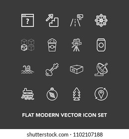 Modern, simple vector icon set on dark background with boat, nature, technology, sign, sea, swimming, lock, up, ocean, east, location, compass, satellite, direction, unknown, environment, page icons