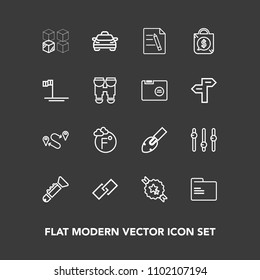 Modern, simple vector icon set on dark background with equipment, package, sale, musical, web, blank, transportation, decorative, travel, folder, document, jazz, link, office, bugle, taxi, scale icons