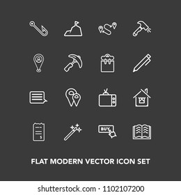Modern, simple vector icon set on dark background with magic, pin, video, finance, technology, sky, location, nature, wand, financial, literature, building, blue, magician, map, paper, page, rod icons