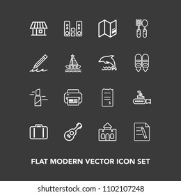 Modern, simple vector icon set on dark background with airport, money, home, ocean, undersea, architecture, music, boat, finance, castle, sea, bill, beauty, bag, red, musical, office, white, map icons
