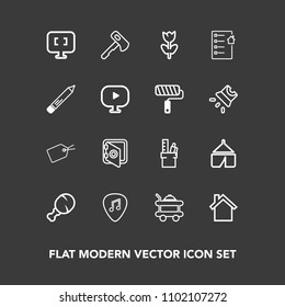 Modern, simple vector icon set on dark background with adventure, equipment, laptop, tent, sign, home, internet, computer, spring, tag, security, stationery, meal, work, white, pc, banking, bank icons