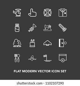 Modern, simple vector icon set on dark background with dinner, stationery, sky, click, landscape, spoon, pointer, surf, mexico, equipment, surfer, parachuting, surfing, escape, nature, ocean icons