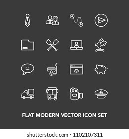 Modern, simple vector icon set on dark background with suit, message, water, bank, captain, road, male, coin, browser, web, sailor, transportation, camera, business, cap, film, team, travel, sea icons