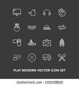 Modern, simple vector icon set on dark background with delete, bus, card, oar, tripod, close, paddle, sound, pc, id, internet, camera, video, personal, boat, account, movie, home, laptop, user icons