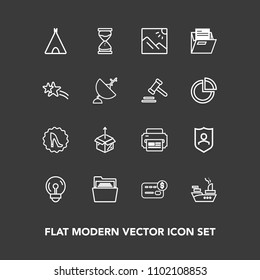 Modern, simple vector icon set on dark background with sea, energy, elegance, adventure, time, printer, war, frame, fashion, tent, protect, electricity, travel, bank, scenery, blank, hour, light icons
