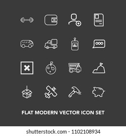 Modern, simple vector icon set on dark background with investment, gym, truck, flag, sport, upload, id, flight, astronaut, account, coin, purse, finance, workout, sign, tipper, aircraft, dump icons