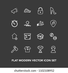 Modern, simple vector icon set on dark background with property, cup, transport, typography, new, pretty, championship, people, competition, sound, apartment, package, box, human, print, hammer icons