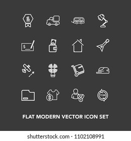 Modern, simple vector icon set on dark background with truck, file, first, operator, service, lamp, airport, cap, baggage, vehicle, flight, luggage, achievement, light, sale, winner, fashion icons