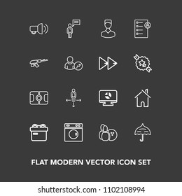 Modern, simple vector icon set on dark background with place, estate, chart, job, avatar, human, pin, chat, laundry, person, profile, template, ball, stadium, business, holiday, building, ribbon icons