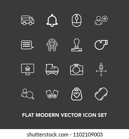 Modern, simple vector icon set on dark background with roller, computer, extreme, summer, board, video, sport, house, fashion, bell, property, skate, leisure, sign, internet, camera, flipper icons