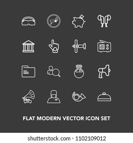 Modern, simple vector icon set on dark background with account, paper, jazz, computer, folder, web, equipment, musical, internet, tool, file, luggage, trip, cigarette, no, tobacco, online, blank icons