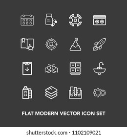 Modern, simple vector icon set on dark background with finance, bank, web, aerial, drone, calendar, internet, medicine, celebration, health, technology, carnival, building, download, analysis icons