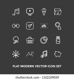 Modern, simple vector icon set on dark background with garbage, communication, musical, shop, element, music, dessert, ice, cable, trash, network, coin, screen, chart, bank, waste, internet, box icons