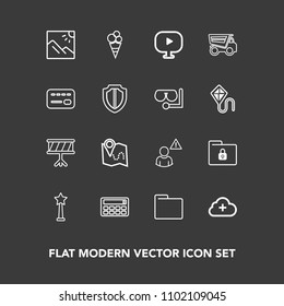 Modern, simple vector icon set on dark background with media, button, vehicle, sign, white, food, file, dump, alarm, folder, safety, blank, landscape, sweet, photography, cloud, add, video, pin icons