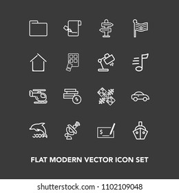 Modern, simple vector icon set on dark background with home, helicopter, nature, house, wildlife, vehicle, flag, america, office, check, arrow, file, sea, global, transportation, business, way icons