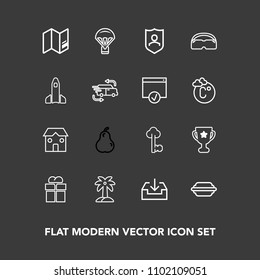 Modern, simple vector icon set on dark background with bun, parachute, metal, present, fruit, winner, shield, leaf, burger, sign, business, travel, pear, construction, gift, giftbox, jump, world icons