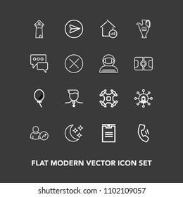 Modern, simple vector icon set on dark background with sky, price, cell, balloon, white, medal, message, aerial, delivery, shipping, star, display, winner, technology, air, web, famous, property icons