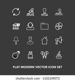 Modern, simple vector icon set on dark background with stationery, megaphone, , refresh, tool, education, house, envelope, equipment, loudspeaker, pencil, medicine, box, microscope, home, bank icons