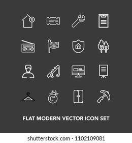 Modern, simple vector icon set on dark background with fahrenheit, spanner, package, fashion, crane, construction, clothes, rod, fish, wrench, cupboard, thermometer, man, house, website, repair icons