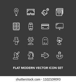 Modern, simple vector icon set on dark background with book, chess, food, travel, scary, game, library, light, boat, money, table, ghost, satellite, sea, palm, strategy, pin, fish, lamp, ship,  icons