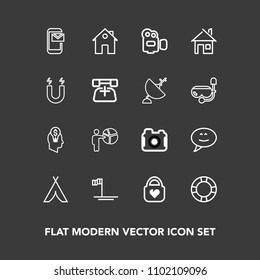 Modern, simple vector icon set on dark background with real, style, businessman, chat, meeting, people, tent, mail, phone, summer, adventure, presentation, leather, ring, home, bag, pool, idea icons