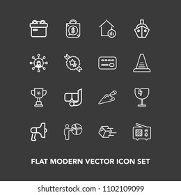 Modern, simple vector icon set on dark background with sale, glass, box, competition, shipping, present, speaker, presentation, signal, ribbon, shovel, meeting, property, announcement, shipment icons