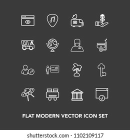 Modern, simple vector icon set on dark background with page, glasses, space, greek, leaf, tourism, technology, nature, account, tropical, vintage, television, sign, music, europe, people, metal icons
