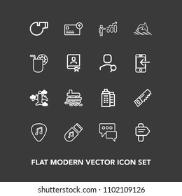 Modern, simple vector icon set on dark background with sound, sport, vessel, cash, ship, whistle, aircraft, guitar, house, airplane, travel, dolphin, development, speech, arrow, saw, white, sea icons