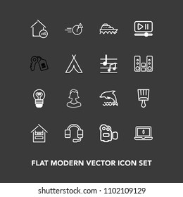 Modern, simple vector icon set on dark background with call, film, support, store, headset, computer, profile, brush, nature, ship, night, sea, equipment, handle, supermarket, customer, electric icons