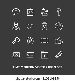 Modern, simple vector icon set on dark background with mountain, blank, saw, screwdriver, good, blue, chat, unknown, air, internet, temperature, cooler, success, thermometer, message, landscape icons
