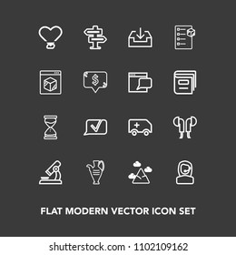 Modern, simple vector icon set on dark background with clock, headset, laboratory, decoration, mountain, vase, hour, rescue, ambulance, call, door, car, love, science, heart, sound, hourglass icons