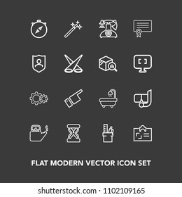 Modern, simple vector icon set on dark background with vintage, bathroom, telephone, compass, north, south, timer, summer, people, snorkel, clock, water, work, kitchen, phone, east, equipment icons